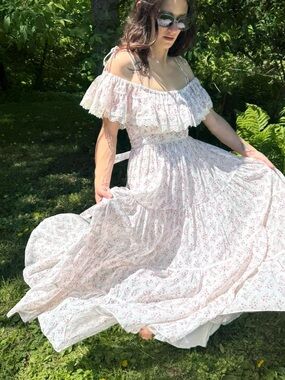 Gunne Sax White Maxi Dress with Pink Floral Print